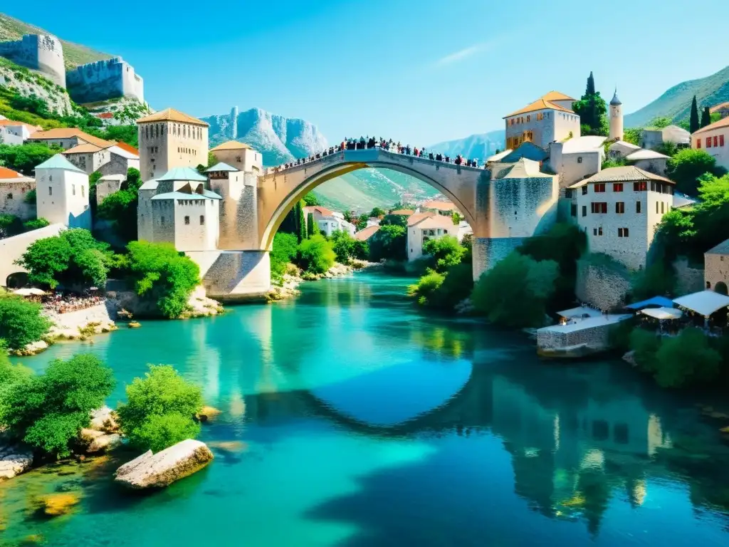 El emblemático Puente de Mostar eventos conmemorativos se alza sobre el río Neretva, mostrando su antigua belleza y encanto