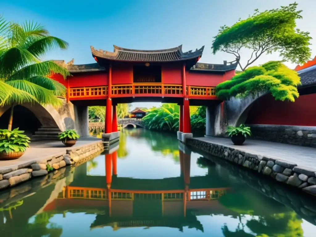 El emblemático Puente Japonés Cubierto en Hoi An, Vietnam, se alza sobre el apacible río Thu Bon