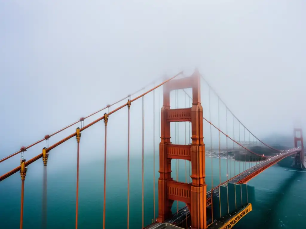 El emblemático Puente Golden Gate emerge misterioso entre la densa niebla, sus cables brillan con rocío, adaptándose a los cambios de temperatura