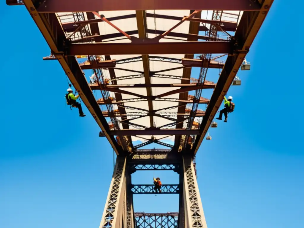 Un emocionante ascenso de escalada en el Puente de la Bahía de Sídney, con el cielo azul de fondo y detalles de la estructura metálica