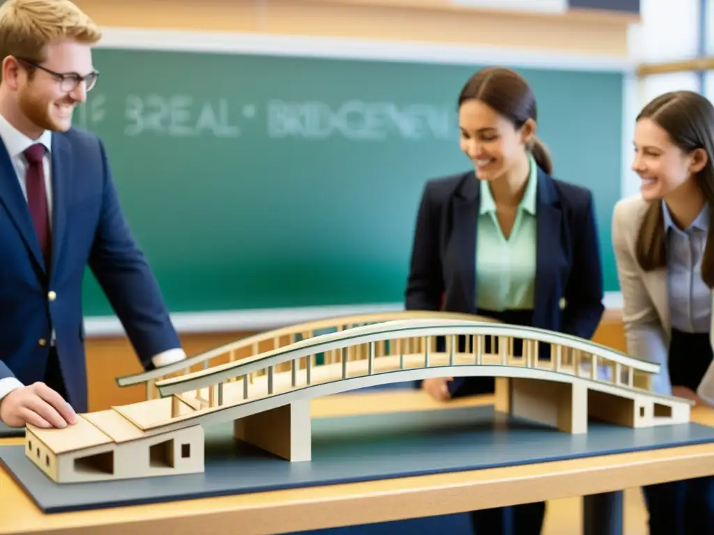 Emocionante clase con modelos de puentes para enseñanza, estudiantes y maestro discutiendo y examinando detalles estructurales