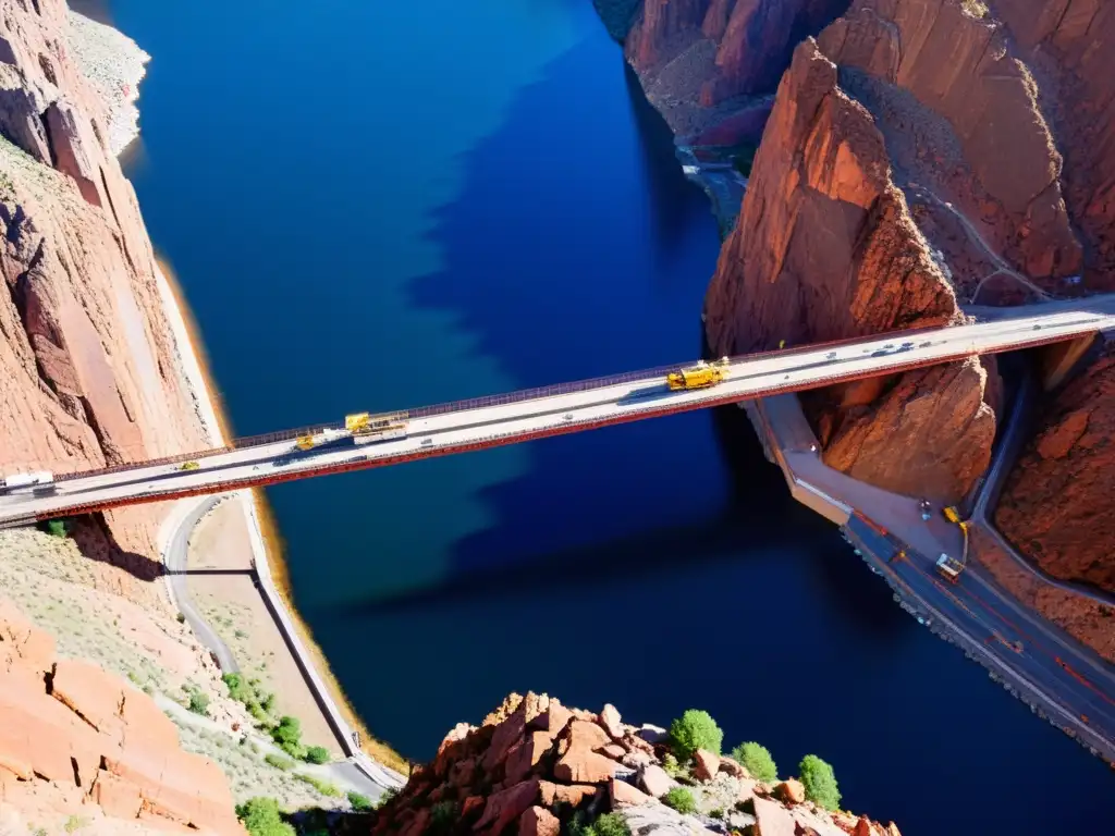 Emocionante construcción del Puente Royal Gorge en un impresionante paisaje natural, demostrando innovación y grandiosidad