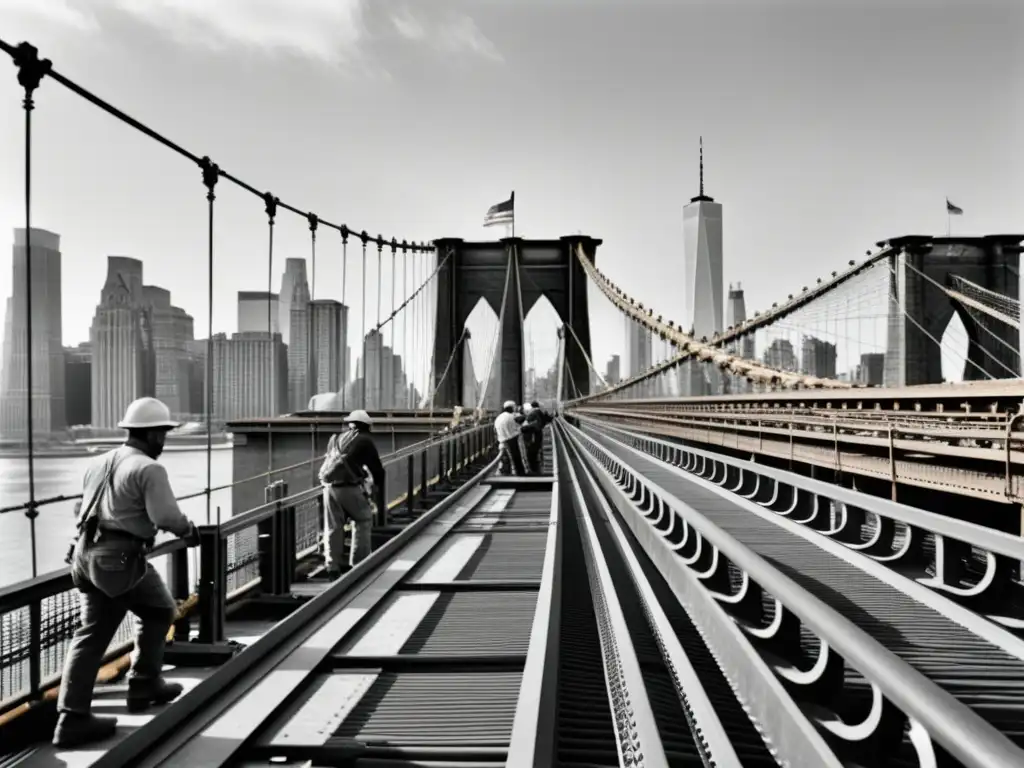 Emocionante construcción del Puente Brooklyn, obreros en las alturas y la imponente ciudad de fondo