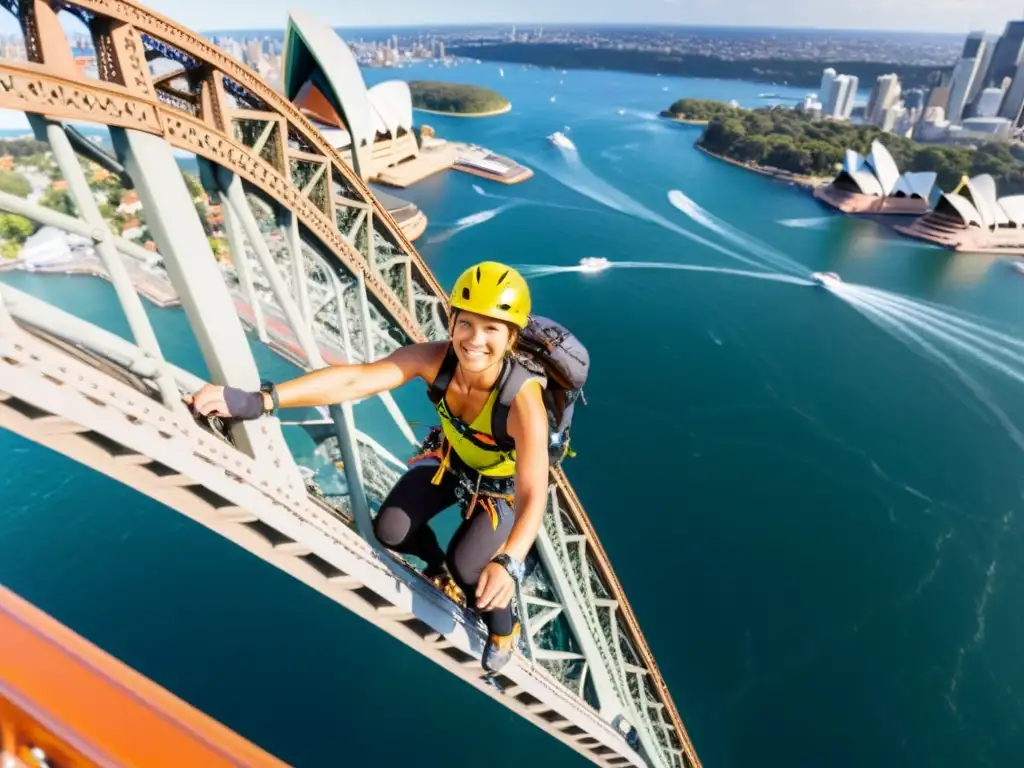 Emocionante escalada en el Puente Bahía Sídney con la ciudad y el agua brillante de fondo, detallando cada expresión y gota de sudor del escalador