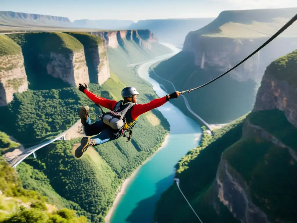 Emocionante salto de bungee con puente de fondo en paisaje impresionante