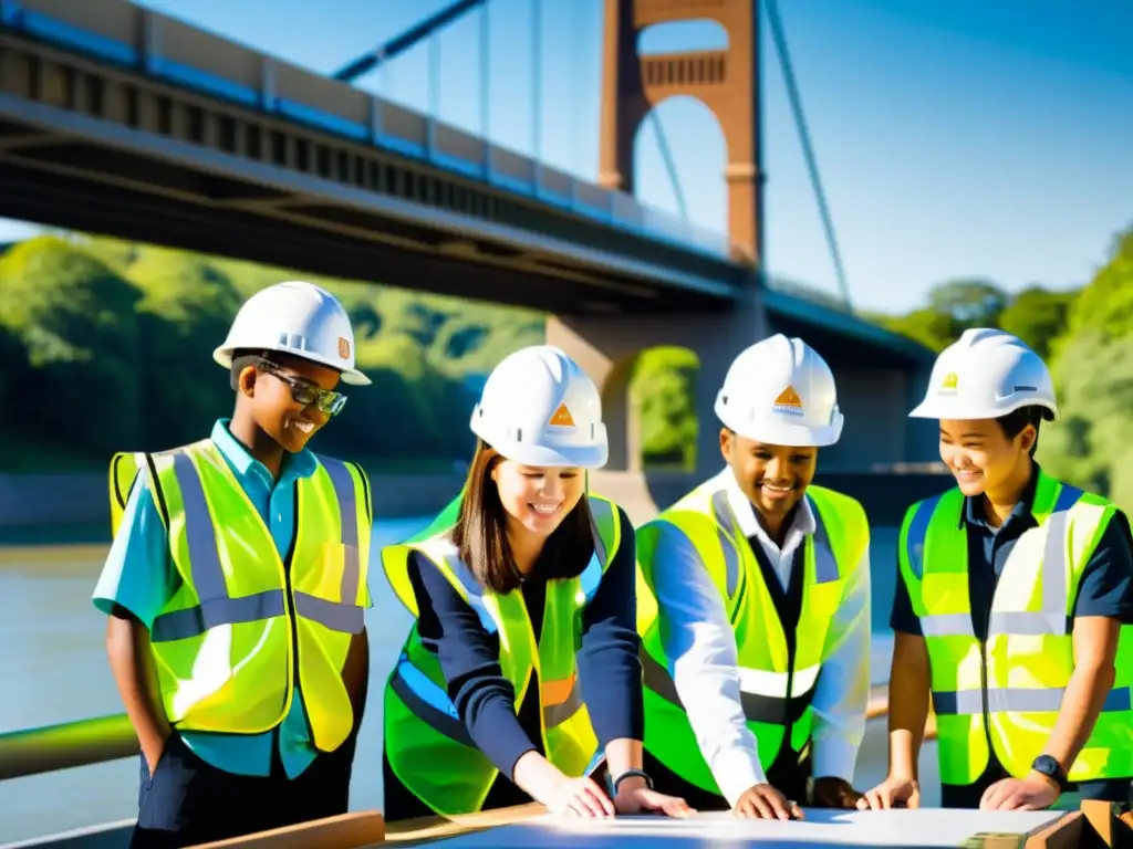 Un emocionante taller de ingeniería en un puente icónico, donde estudiantes colaboran para construir modelos de puentes