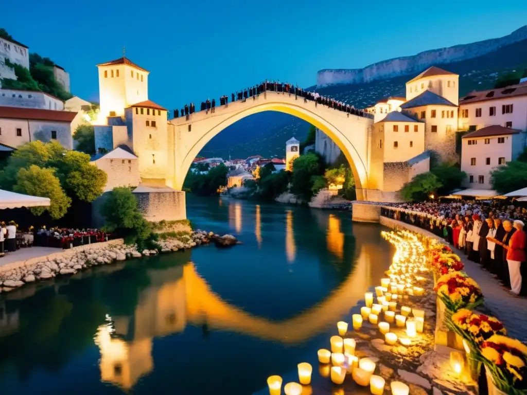 Un emotivo evento conmemorativo en el Puente de Mostar, donde personas de diferentes culturas se reúnen en solidaridad, ofreciendo flores y velas