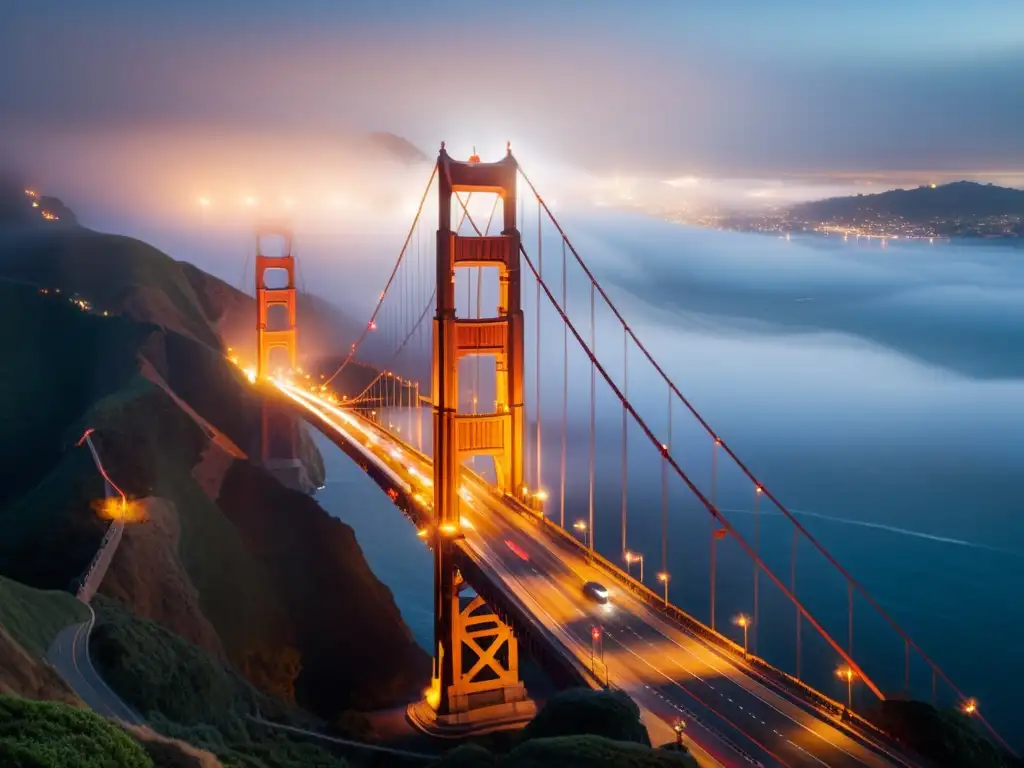 El puente Golden Gate envuelto en la mística niebla de San Francisco, evocando la atmósfera cinematográfica de misterio y encanto