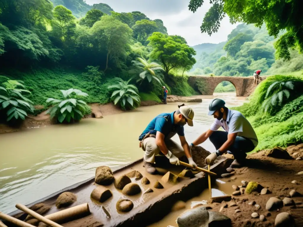 Un equipo de arqueólogos excava con cuidado un antiguo puente, rodeado de exuberante vegetación y un río