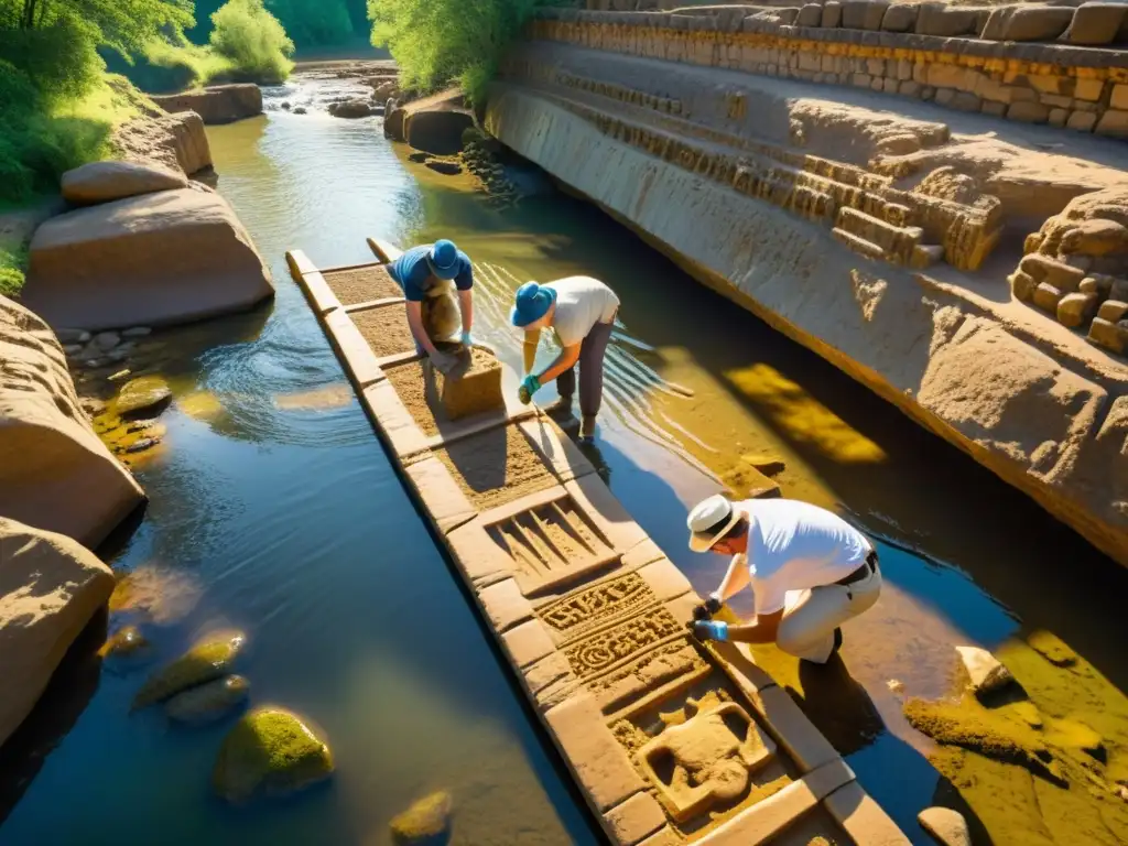 Equipo de arqueólogos excavando un puente antiguo, rodeados de historia y belleza natural