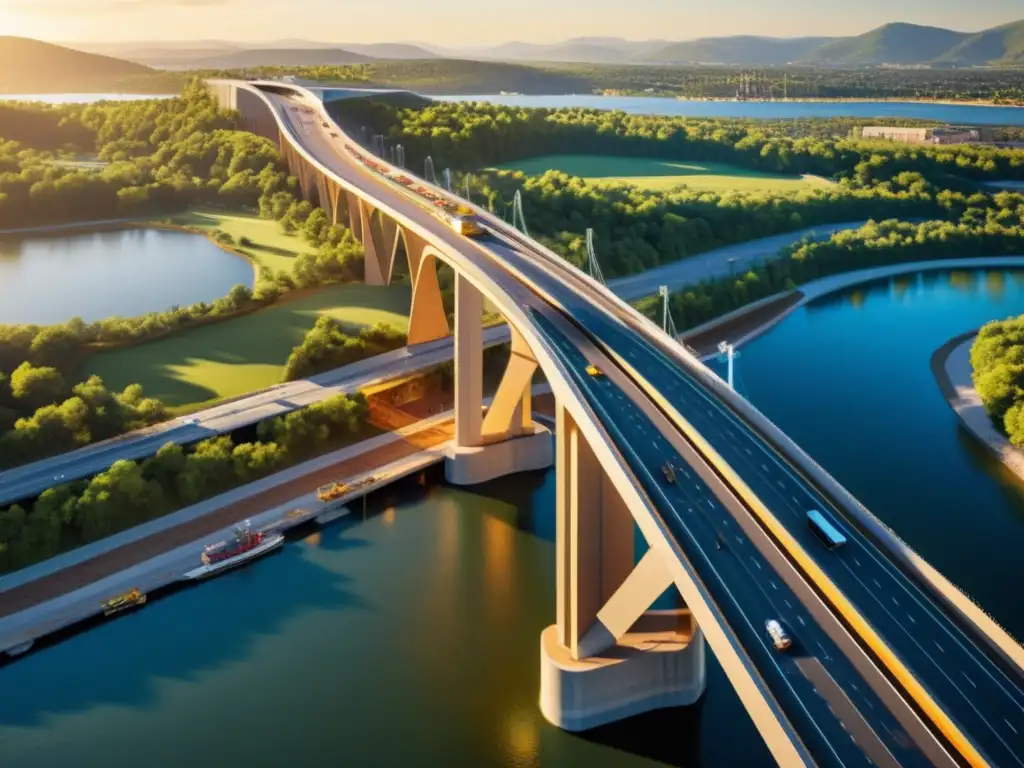 Equipo de arquitectos y trabajadores colaborando en el diseño de un puente único, resaltando la creatividad en diseño de puentes