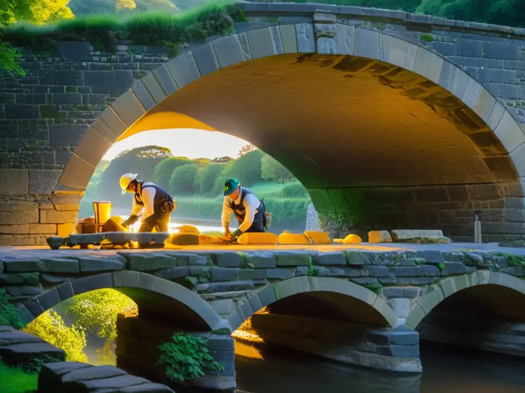 Equipo de conservacionistas restaurando un puente histórico al atardecer, resaltando la importancia de la conservación de puentes históricos