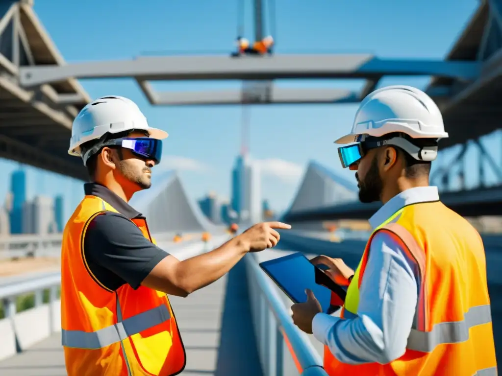 Equipo de construcción usando gafas de realidad aumentada en diseño futurista de puente