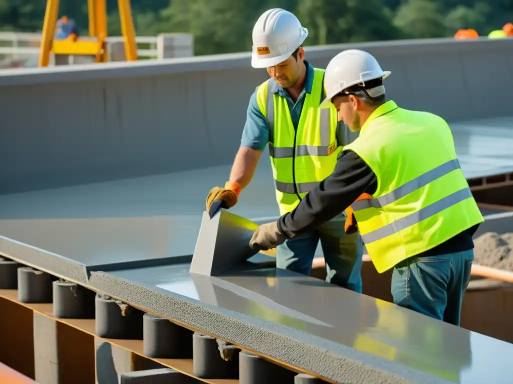 Equipo de construcción vertiendo con precisión concreto autocompactante en puentes, mostrando eficiencia y colaboración en la obra