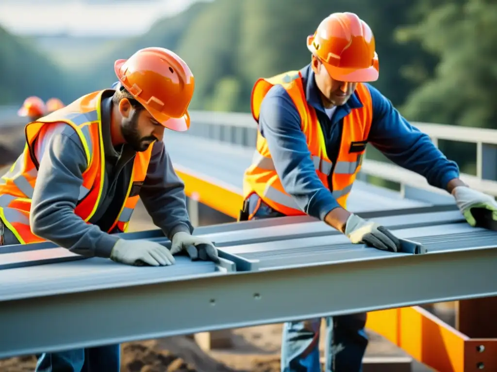 Un equipo de constructores ensambla puentes modulares con eficiencia bajo el sol, destacando la precisión del proceso