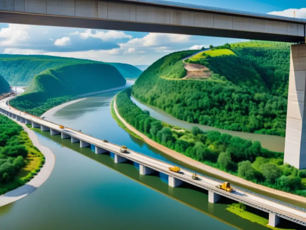 Construcción de puente: equipo en acción Un equipo de constructores en la planificación de riesgos para la construcción de puentes sobre un río