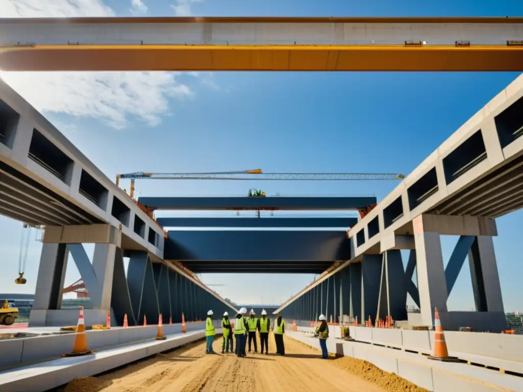 Un equipo diverso de ingenieras y trabajadoras de la construcción colabora en la construcción de un puente moderno