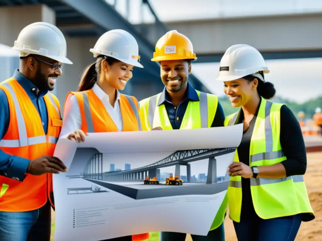 Ingenieros y trabajadores construyendo un puente inclusivo Equipo diverso de ingenieros y trabajadores de la construcción colaborando en el diseño de un puente moderno y accesible