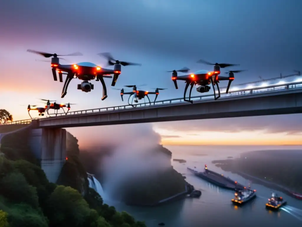 Equipo de drones de rescate realiza mantenimiento en puente extremo entre la niebla al amanecer