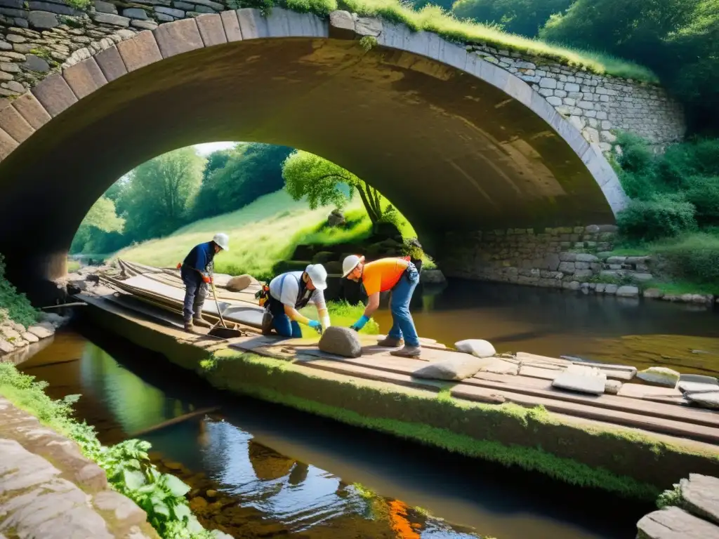 Un equipo de especialistas en conservación de puentes históricos trabaja meticulosamente en la restauración de un antiguo puente