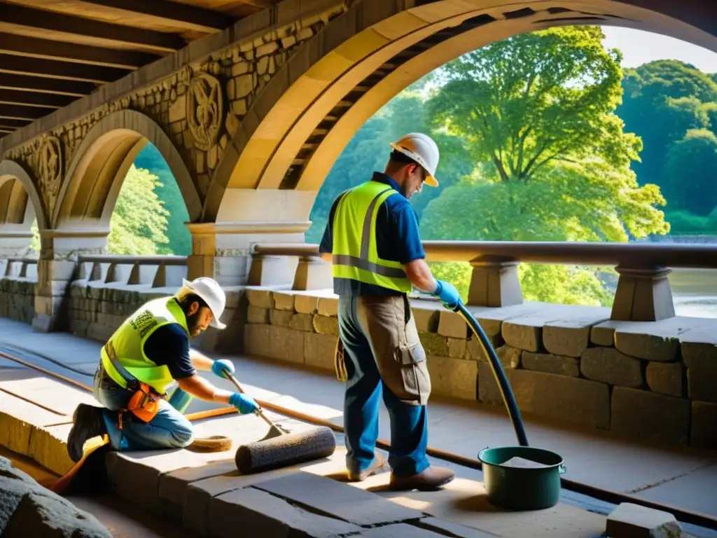 Un equipo de expertos en restauración cuida con esmero el puente histórico, destacando la belleza atemporal y las técnicas meticulosas