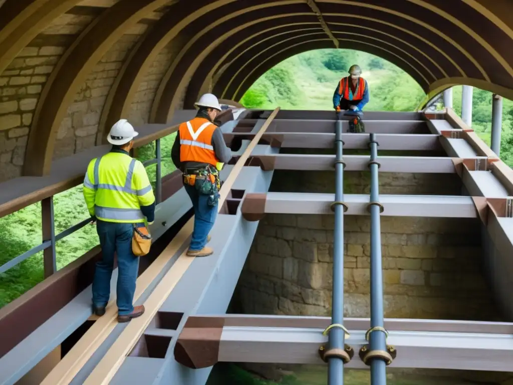 Un equipo de expertos en restauración inspecciona meticulosamente un puente histórico, destacando las técnicas y consideraciones éticas