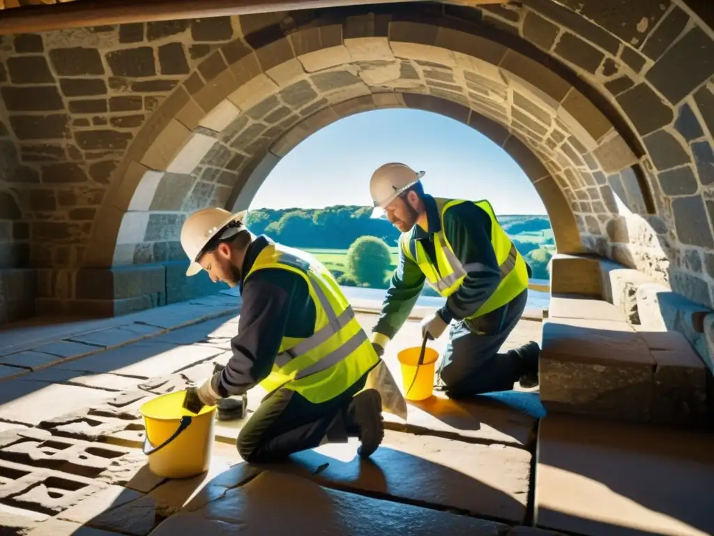 Un equipo de expertos en restauración de puentes históricos trabaja con precisión y dedicación, resaltando la artesanía original