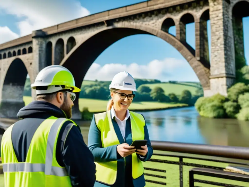 Un equipo de expertos en restauración de puentes utiliza la realidad aumentada para planificar la preservación de un puente histórico