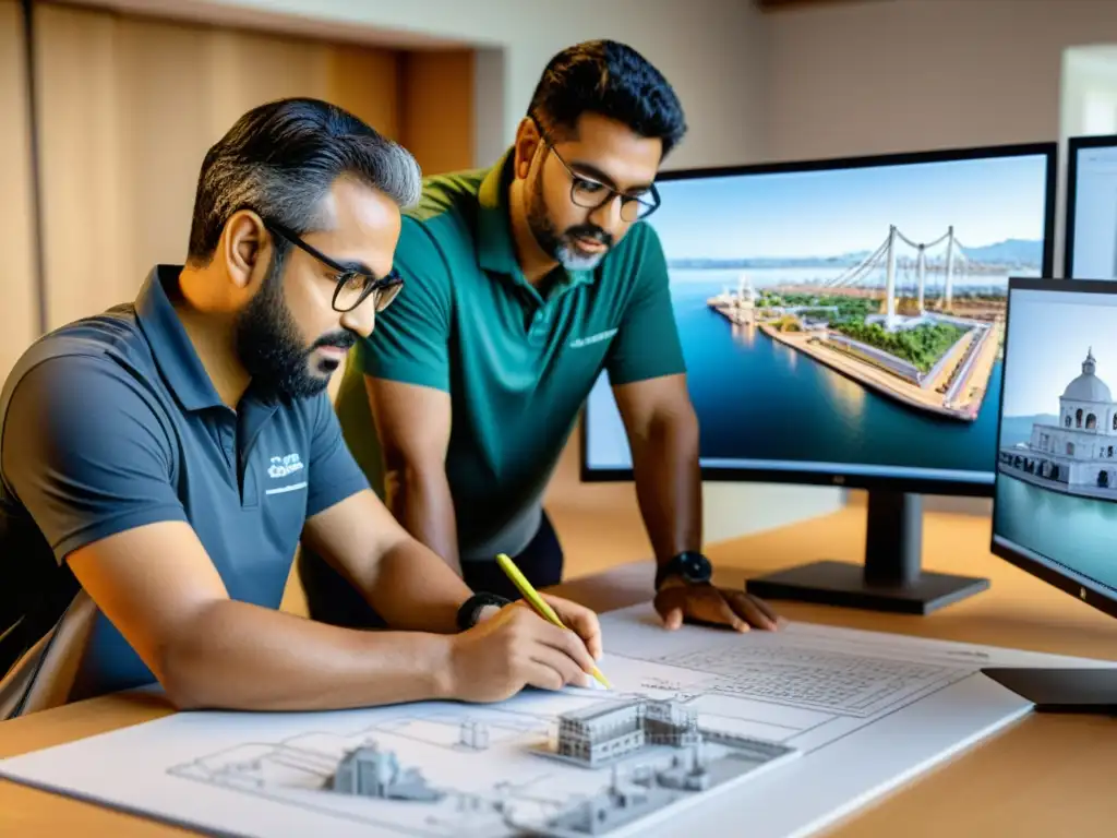 Equipo de ingenieros y arquitectos trabajando en la visualización 3D del Puente de la Libertad, rodeados de tecnología y concentrados en sus pantallas