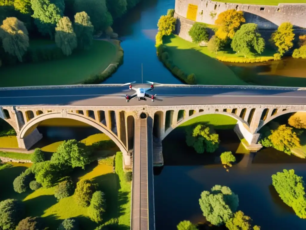 Un equipo de ingenieros y conservacionistas utiliza un dron para restaurar un puente histórico con tecnología avanzada al atardecer