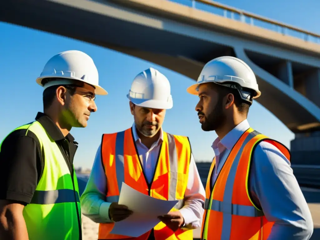 Un equipo de ingenieros inspecciona detalladamente el diseño estético de un puente moderno, fusionando arte y ingeniería