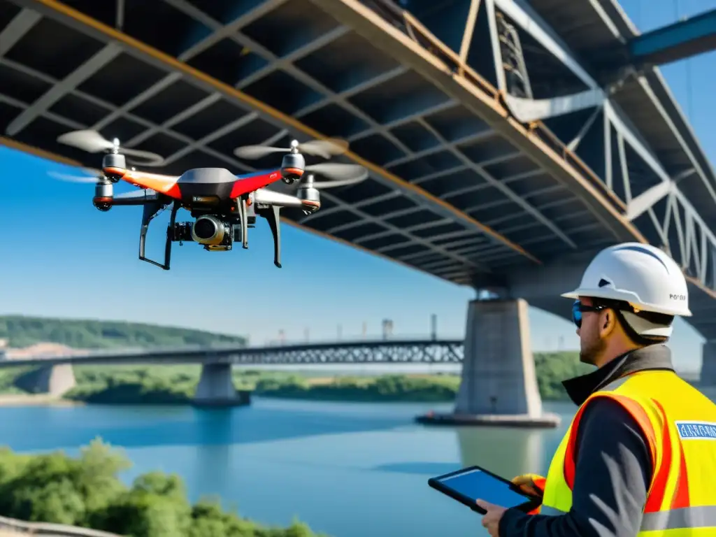 Equipo de ingenieros usando drones de alta tecnología para inspeccionar puente, reducción costos mantenimiento puentes drones