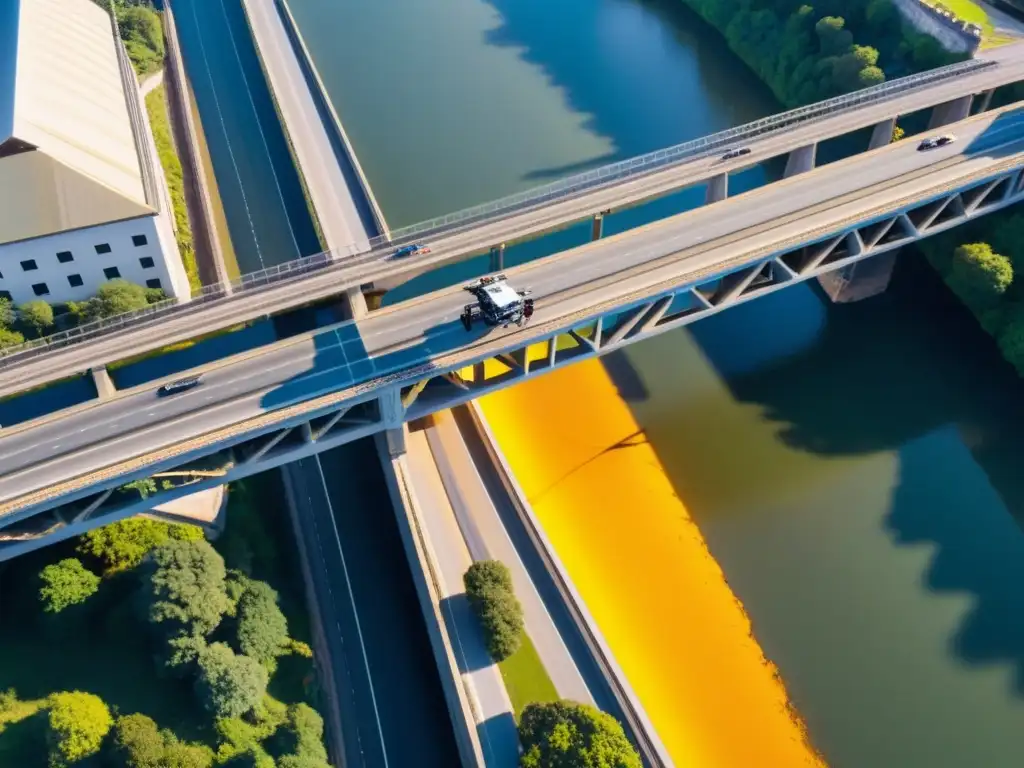 Equipo de ingenieros usando drones para evaluar la estructura de un puente