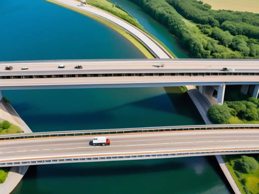 Un equipo de ingenieros y drones realizan una inspección minuciosa de un gran puente, utilizando tecnología de vanguardia para evaluar su importancia