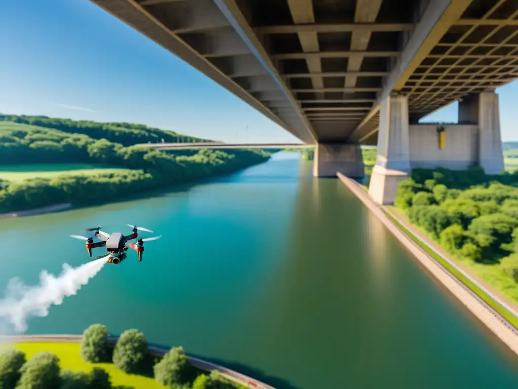 Un equipo de ingenieros utiliza drones para el mantenimiento inteligente de un puente, analizando datos en la superficie