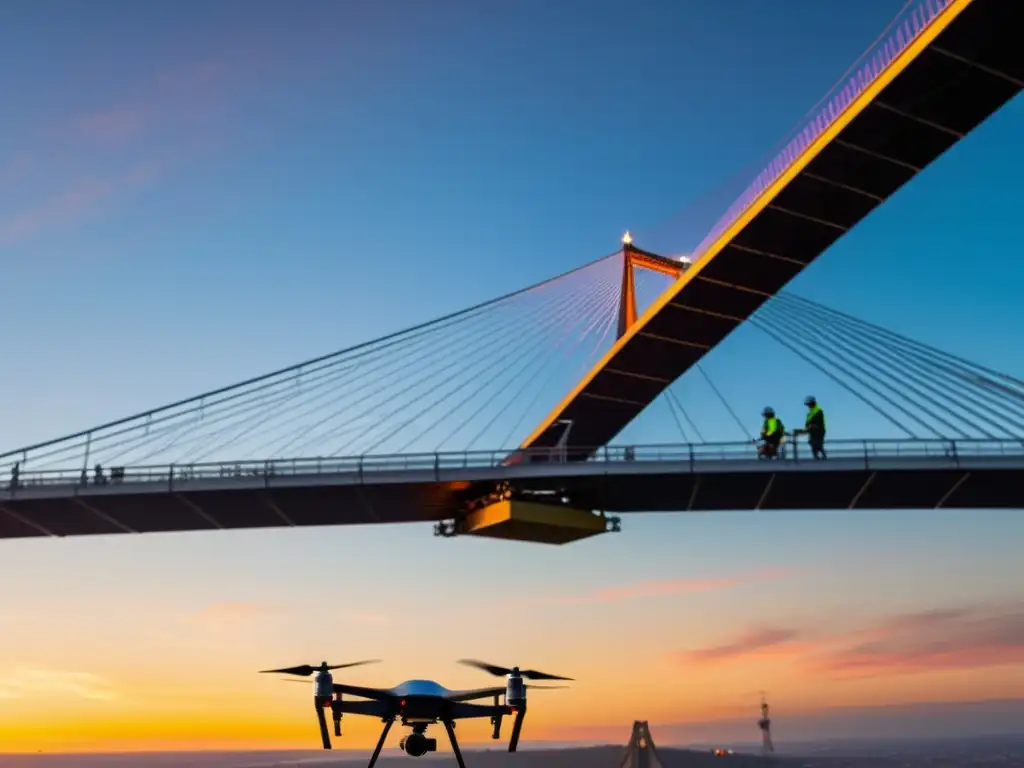 Equipo de ingenieros utilizando drones para mantenimiento de puentes extremos al atardecer