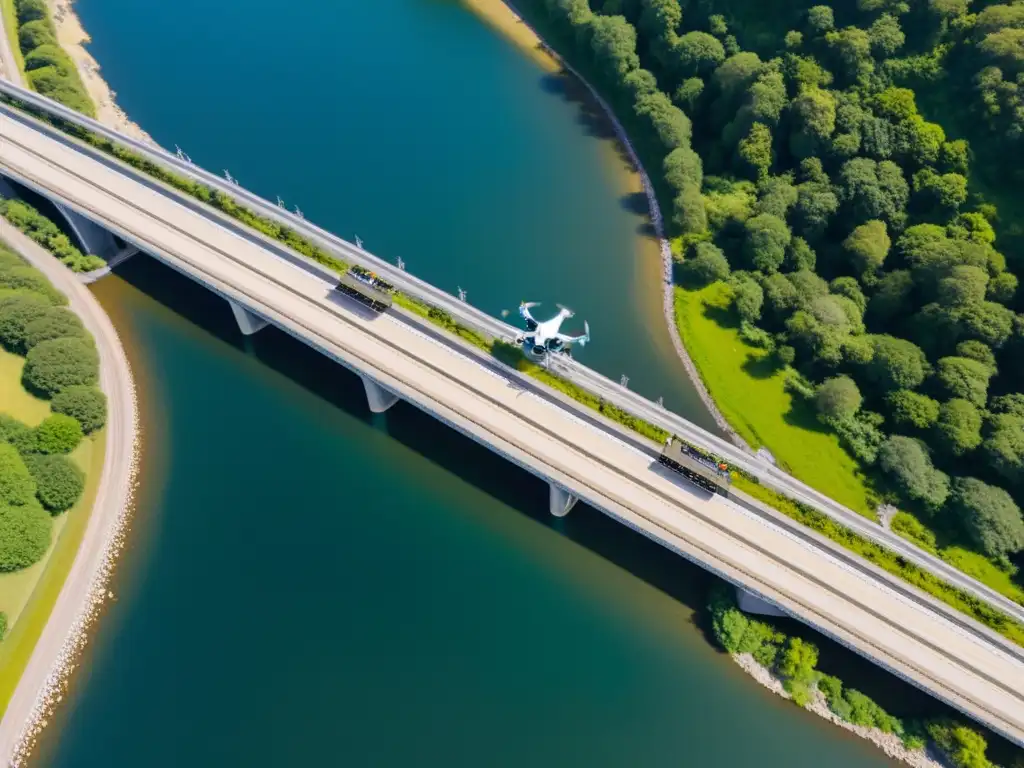 Equipo de ingenieros utilizando drones para inspeccionar y mantener un puente