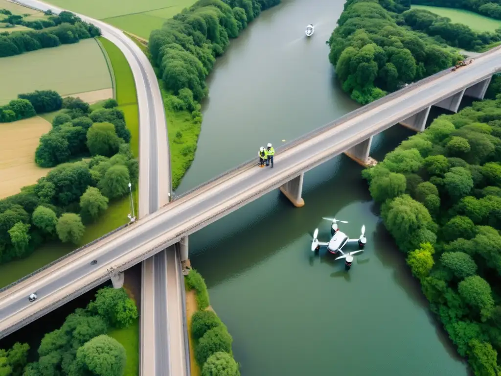 Equipo de ingenieros inspeccionando con drones la seguridad estructural de un puente sobre un río, mostrando tecnología avanzada y precisión