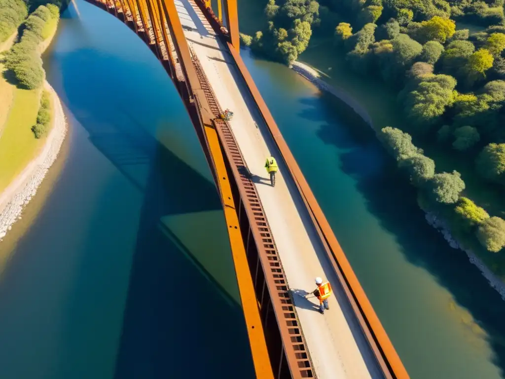 Un equipo de ingenieros usando drones para inspeccionar el soporte de acero de un puente, resaltando la importancia del mantenimiento de puentes