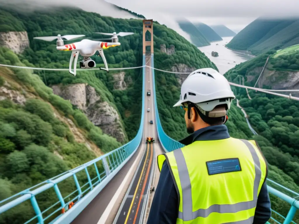 Un equipo de ingenieros especializados en chalecos de alta visibilidad y cascos de seguridad opera una flota de drones equipados con cámaras y sensores avanzados, realizando una inspección detallada de un puente colgante masivo