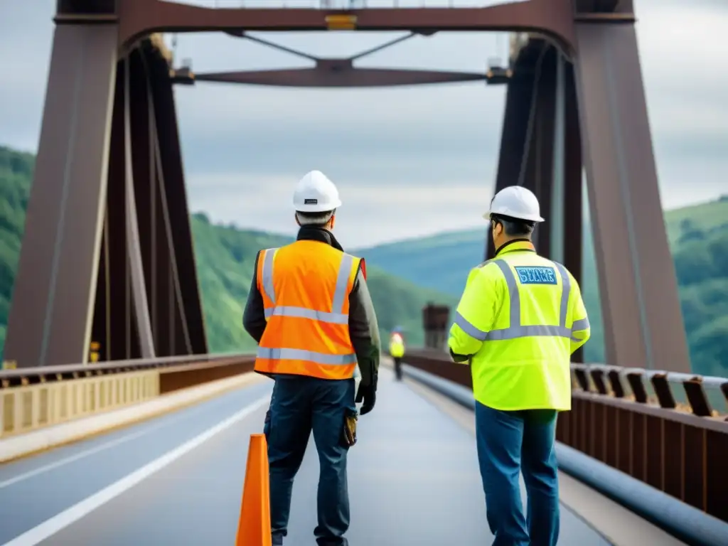 Inspección detallada de ingenieros en puente Un equipo de ingenieros inspecciona detalladamente la estructura de un puente, con enfoque en la planificación de riesgos de construcción de puentes