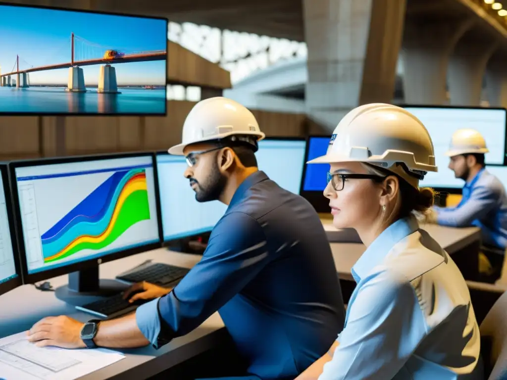 Un equipo de ingenieros estructurales realiza análisis de carga en un puente con software avanzado