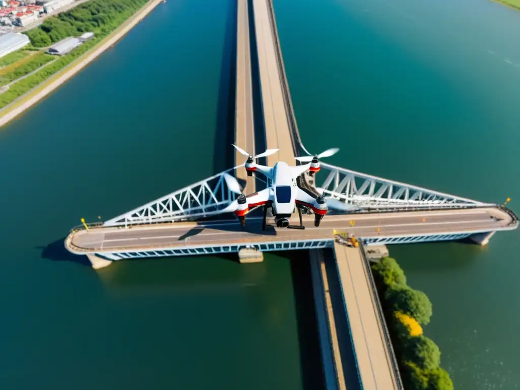 Equipo de ingenieros realiza mantenimiento de puentes extremos con drones, mostrando profesionalismo y tecnología punta