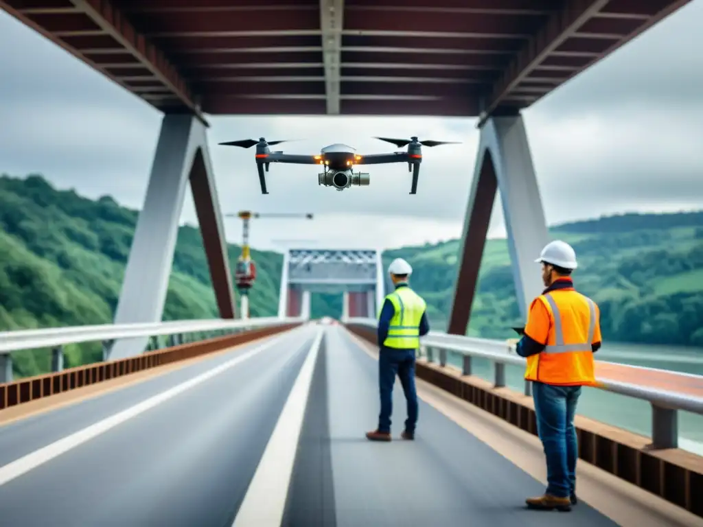 Un equipo de ingenieros realiza una minuciosa inspección en un puente, utilizando drones y herramientas de medición