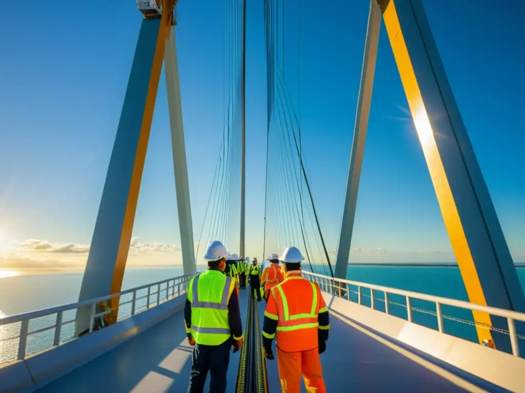 Un equipo de ingenieros y obreros inspecciona detalladamente los cables y sistema de suspensión del puente Sunshine Skyway