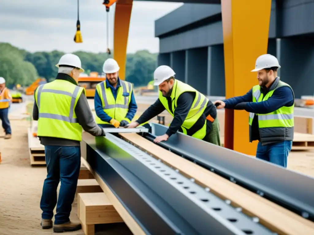 Equipo de ingenieros y obreros ensamblando un puente modular inteligente en la ciudad, destacando su diseño innovador en el entorno urbano