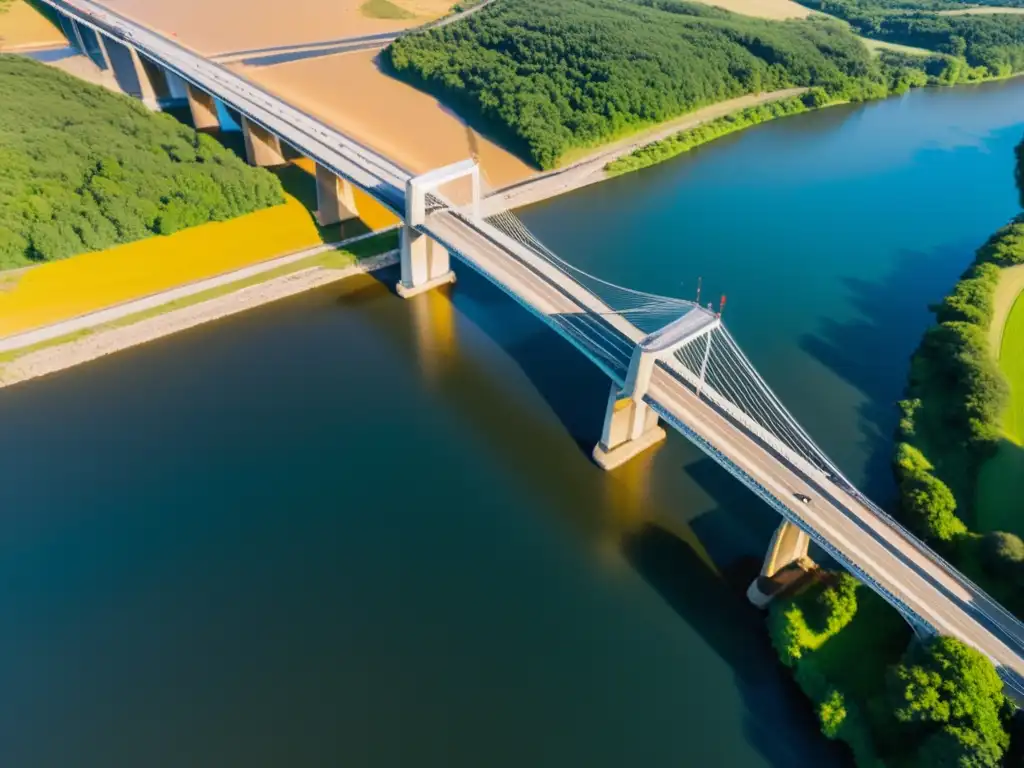 Equipo de ingenieros inspeccionando puente con drones sobre río, innovación en mantenimiento de puentes con drones