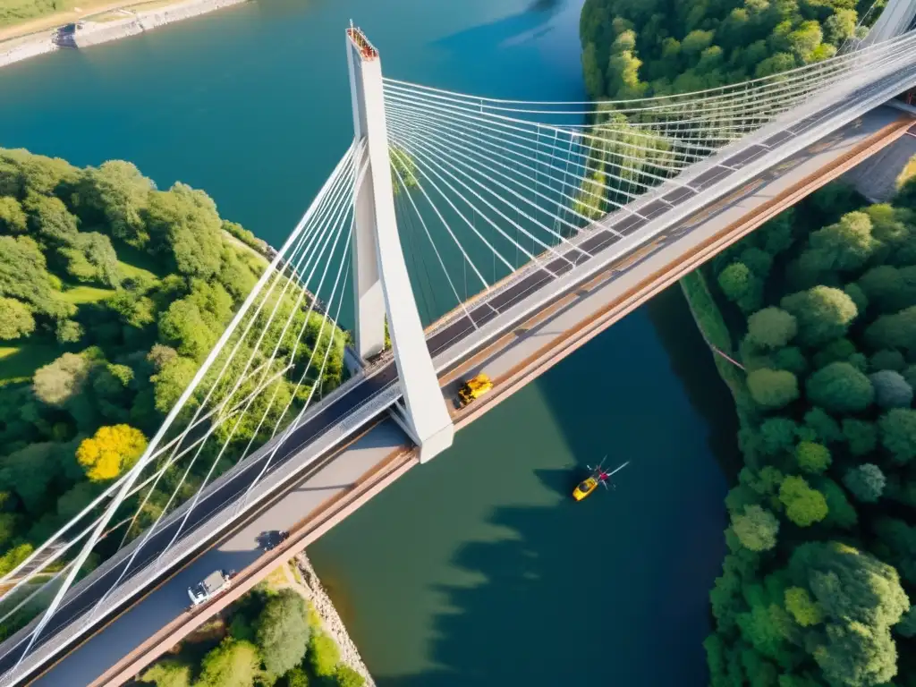 Equipo de ingenieros inspeccionando un puente con drones, capturando la complejidad y vitalidad de la inspección de puentes con drones