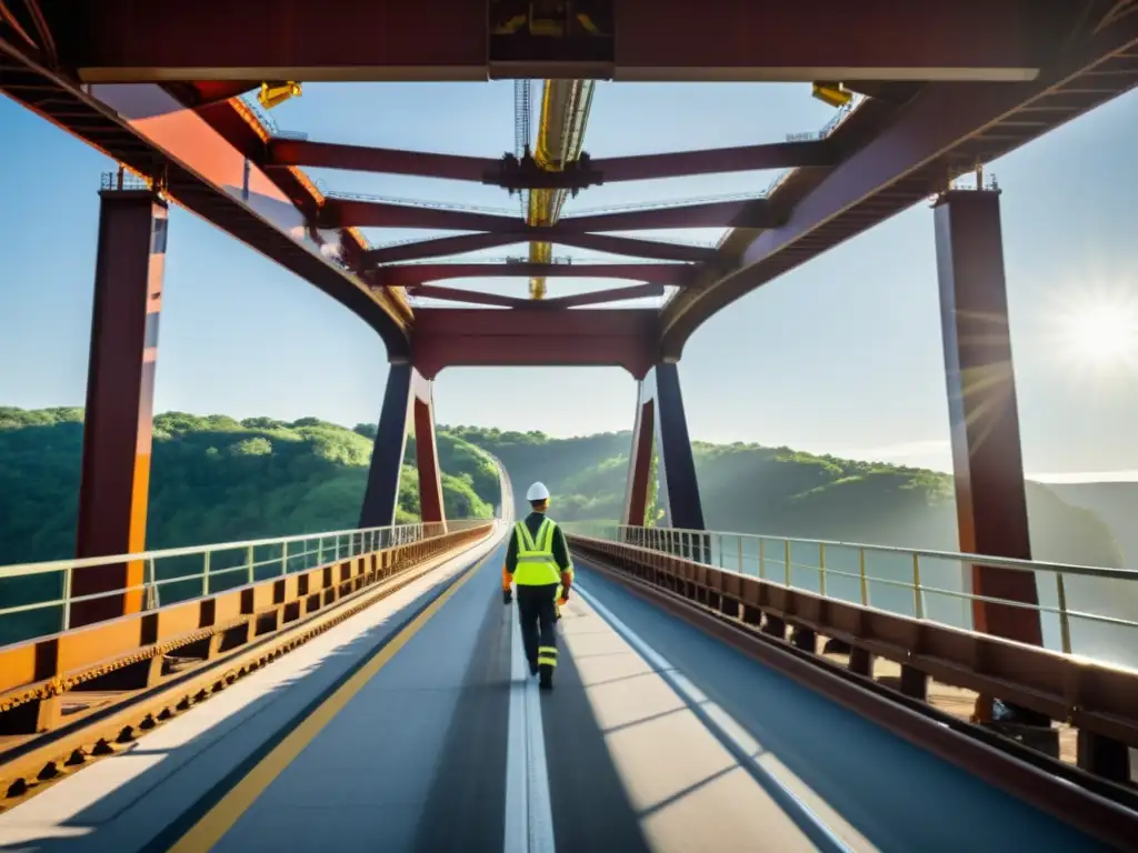 Un equipo de ingenieros inspecciona y mantiene un puente estructural complejo en un curso de mantenimiento de puentes