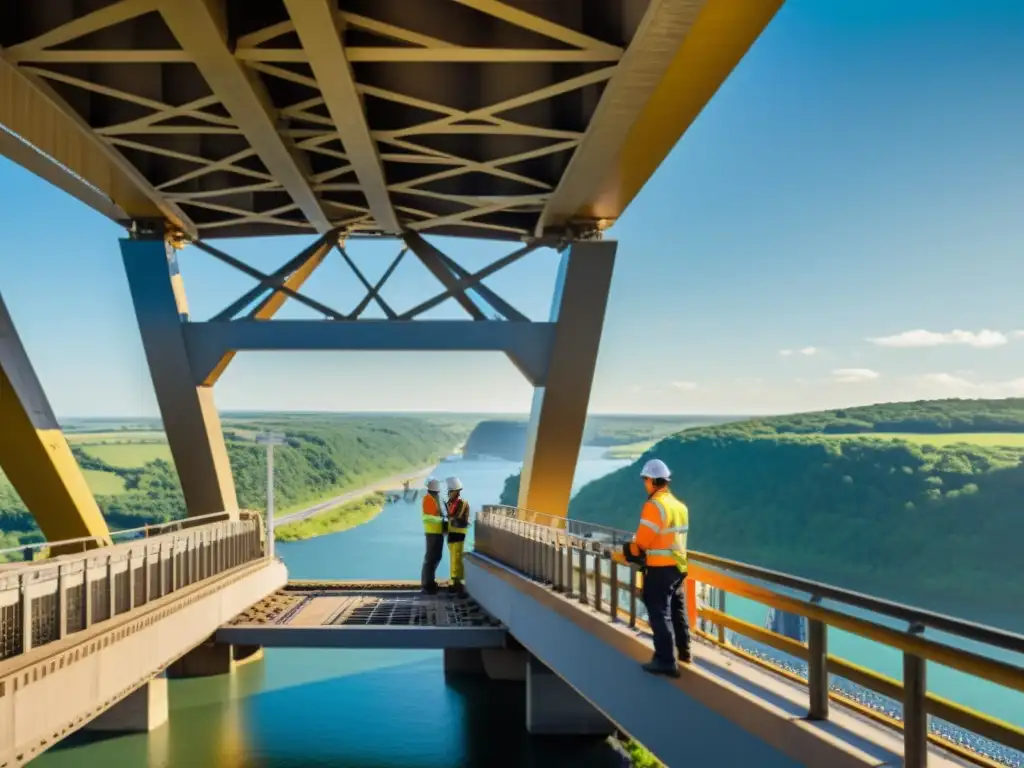 Un equipo de ingenieros inspecciona y mantiene un puente, mostrando la importancia del curso mantenimiento puentes estructurales